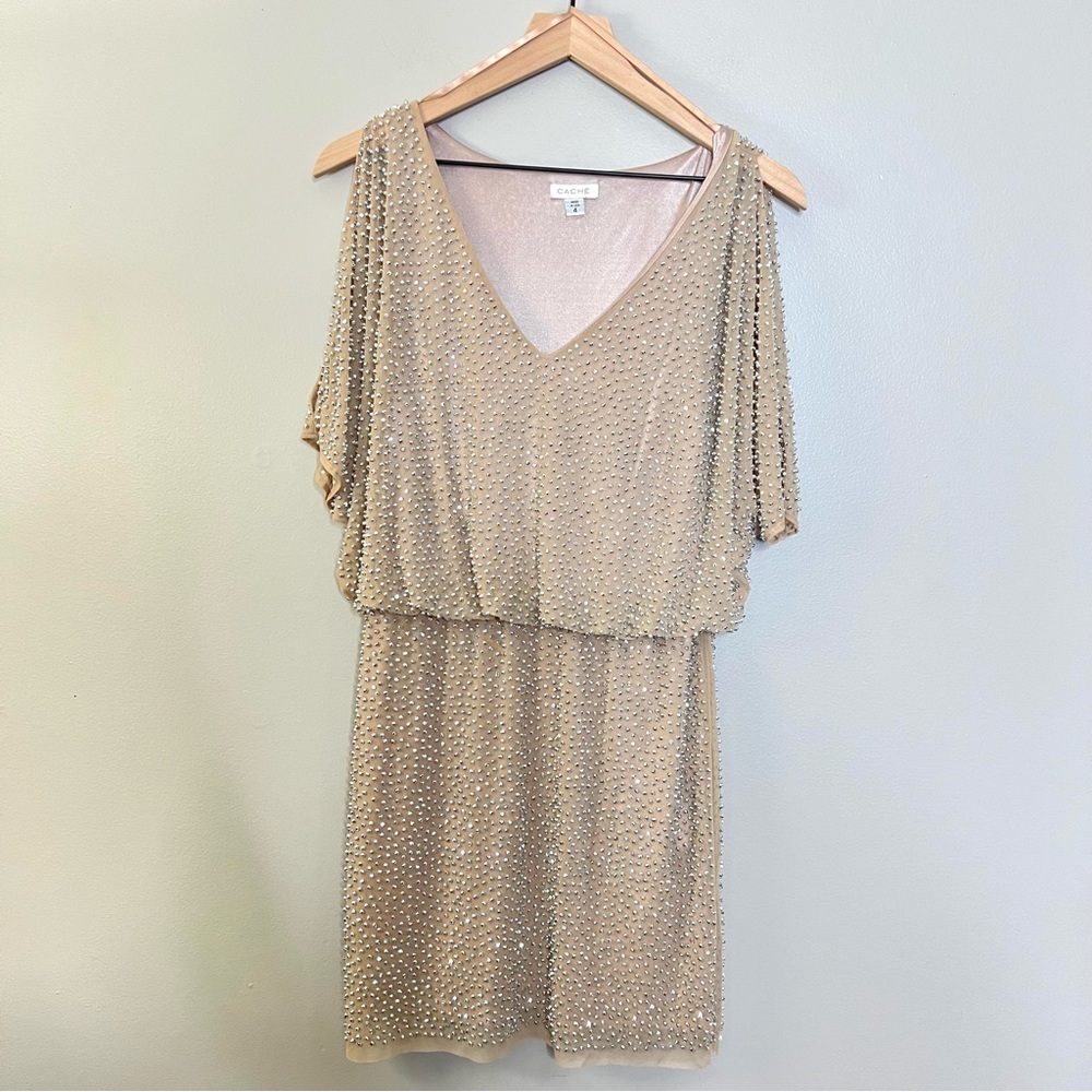 CACHE embellished nude dress, mini, sparkle size 4